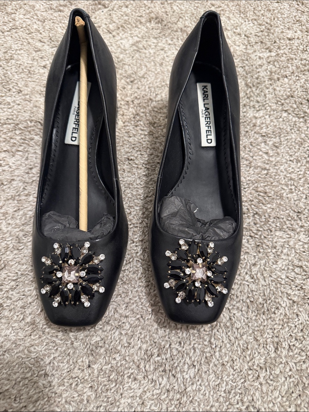 Karl Lagerfeld Black Jeweled Square-Toe Pumps with Crystal Medallions